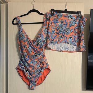 Jantzen Orange and Blue Floral Adult One Piece with skirt coverup